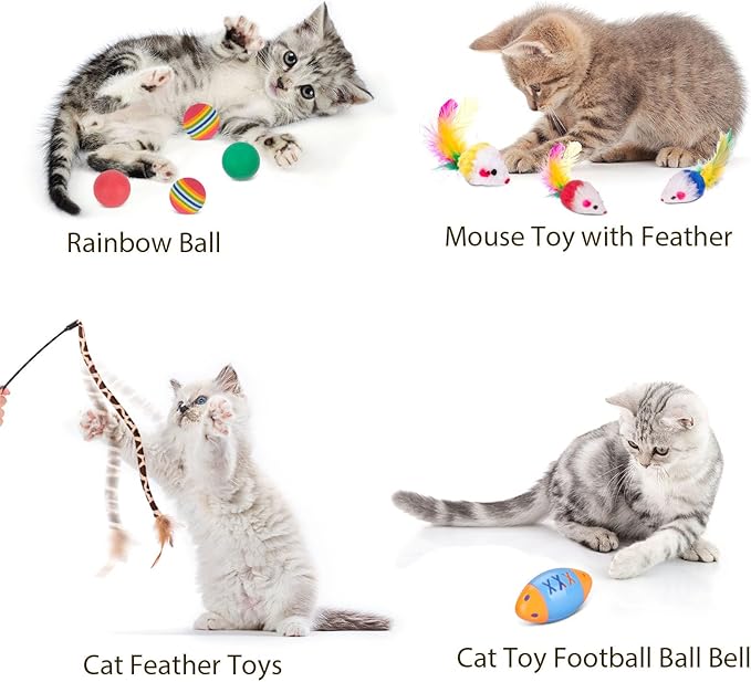 Retro Shaw 25Pcs Cat Toys with Kitten Tunnels, Interactive Kitty Toys for Indoor Cats, Large Cat Tube Tent Feather Wand Teaser Balls Bell Fuzzy Springs Mouse Crincly - Extra Longer Cats Tunnel Set