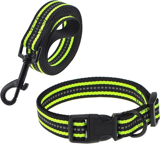 Mile High Life | Reflective Small Medium Dog Collar Leash Set, Adjustable Collar Leash Set (Reflective Stripe Limegreen, Medium (Pack of 2))
