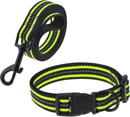 Mile High Life | Reflective Small Medium Dog Collar Leash Set, Adjustable Collar Leash Set (Reflective Stripe Limegreen, Medium (Pack of 2))