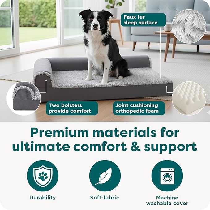 FurHaven Orthopedic Dog Bed for Large Dogs, L-Shaped Chaise Contour with Orthopedic Egg Crate & a Solid Orthopedic Foam Base for Joint Support, Washable Cover, Large, Faux Fur & Suede, Stone Gray