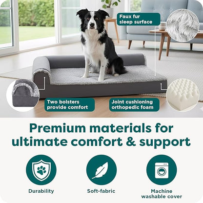 FurHaven Orthopedic Dog Bed for Large Dogs, L-Shaped Chaise Contour with Orthopedic Egg Crate & a Solid Orthopedic Foam Base for Joint Support, Washable Cover, Large, Faux Fur & Suede, Stone Gray