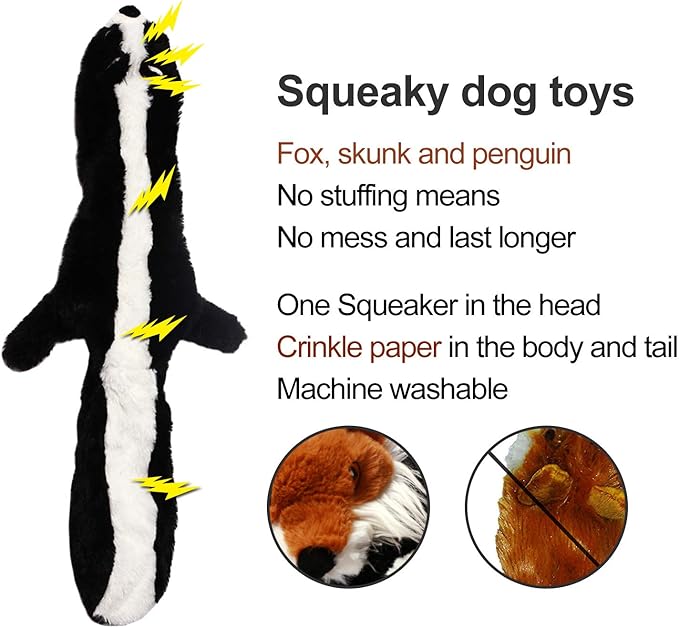 Sesyomr No Stuffing Dog Toys with Squeakers, Durable Stuffingless Plush Squeaky Dog Chew Toy Set,Crinkle Dog Toy for Medium and Large Dogs, 5 Pack（Squirrel Raccoon Fox Skunk and Penguin）, 24Inch