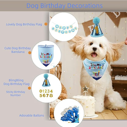 Pet Birthday Party Set,Dogs Bandana and Dog Birthday Hat with Star Pattern Design, Adjustable Sequin Bow tie Accessories, Blue Birthday Boy Scarf (Dark Blue)