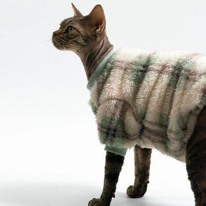 Cat Double-Sided Fleece Clothes, Soft Warm Winter Jumpsuit Sweater Shirt Clothing for Hairless Sphynx, Devon & All Indoor Kittens (Green,M)