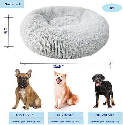 Calming Dog Bed for Medium Dogs Washable Donut 30 inches Anti-Slip Pet Bed,Round Fluffy Plush Faux Fur Cat Bed,Fits up to 45 lbs Pets,Frost Grey