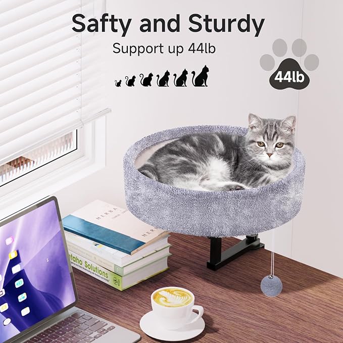 Chumajor Cat Desk Bed - 360° Rotating & Adjustable, Supports 44 lbs, Soft Faux Fur with Dual-Sided Reversible Mat, Modern Indoor Cat Nest Furniture for Office Desks and Game Tables, Island Table