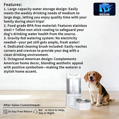 Sfozstra Automatic Pet Water Dispenser: 8L White Gravity Stainless Steel Water Bowl - with Specialized Brush - Angular Water Feeder for Senior Pet Dogs with Neck Pain Relief in Living Room Bedroom