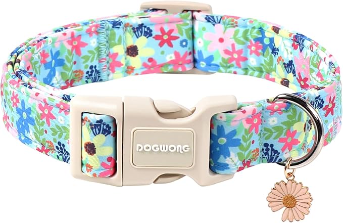 DOGWONG Cute Flower Printed Collar for Small Medium Large Dogs - Blue Floral Dog Collar for Girl Female Boy Dogs,XS