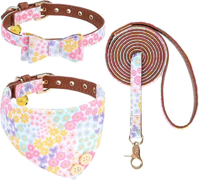 KOOLTAIL Small Dog Collar and Leash Set with Bowtie and Bells - Puppy Collar and Leash for Boy or Girl with Flower Matching Pattern, Soft Leather Tangle Free Leashes for Small Dogs,Cats