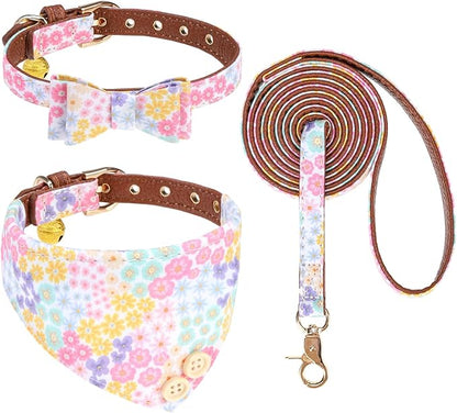 KOOLTAIL Small Dog Collar and Leash Set with Bowtie and Bells - Puppy Collar and Leash for Boy or Girl with Flower Matching Pattern, Soft Leather Tangle Free Leashes for Small Dogs,Cats