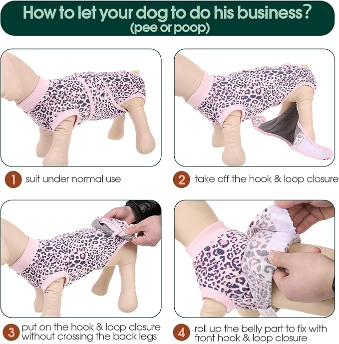 Kuoser Dog Surgery Suit, Comfy Dog Recovery Suit Female Doggie Onesie for Surgery, Post Op Protective Onesie, Soft E-Collar Alternative for Cats & Puppies, PinkLeopard XS