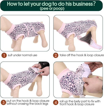 Kuoser Dog Surgery Suit, Comfy Dog Recovery Suit Female Doggie Onesie for Surgery, Post Op Protective Onesie, Soft E-Collar Alternative for Cats & Puppies, PinkLeopard XS