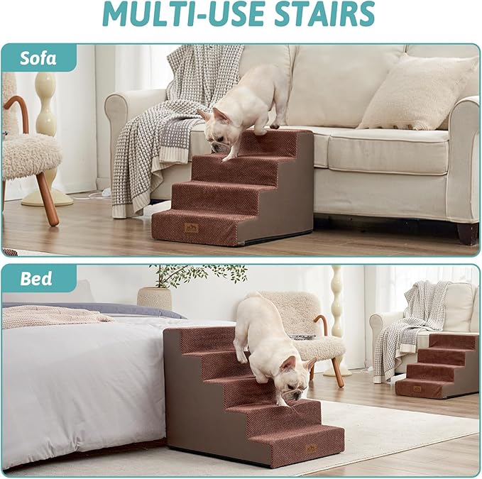 COZY KISS Dog Stairs for Small Dogs 5-Step, 19.7" Extra Wide Right-Angle Pet Stairs for Couch and Beds, Anti-Slip Dog Steps for Old Cats and Lowrider, 19.7x29.5x23.6 inch, Brown