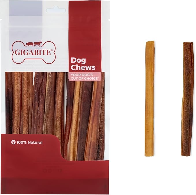 GigaBite Single Ingredient All Natural Free Range Bully Treats and Chews - Bully Sticks/Bladder Sticks/Beef Esophagus by Best Pet Supplies - Bully Sticks (Medium Half-Cut 6"), Pack of 20