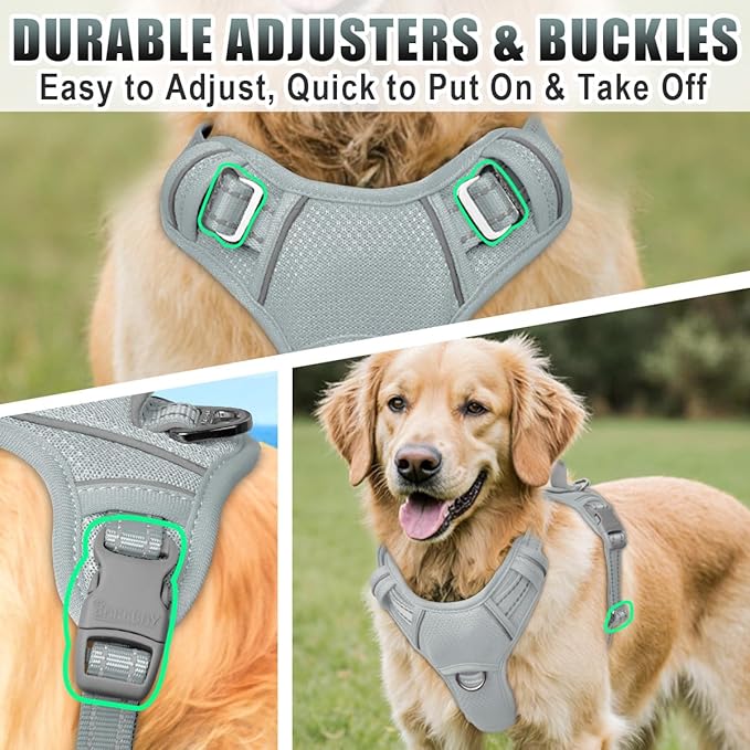 BARKBAY No Pull Dog Harness Large Reflective Dog Harness with Front Clip and Easy Control Handle for Walking Training Running with ID tag Pocket(Grey,XL)
