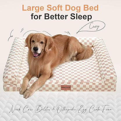 Large Dog Bed Orthopedic Washable: Beds Bolster XL Bed Big XLarge Dogs Egg Crate Foam Couch Sofa Waterproof with Removable Cover - Pink Grid