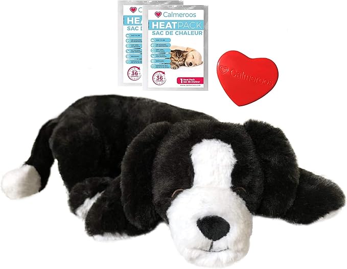 Calmeroos Puppy Heartbeat Toy Sleep Aid with 2 Long-Lasting Heat Packs Last 36 Hours Each Puppy Anxiety Relief Soother Dogs Cuddle Calming Behavioral Aid for Pets (Black and White)