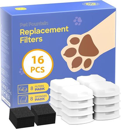 GIOTOHUN Cat Fountain Filters Replacement: 16 Pet Water Fountains Filter - 8 Carbon Filters & 8 Foam Filters - Suitable for GIOTOHUN Stainless Steel Cat Fountain S11