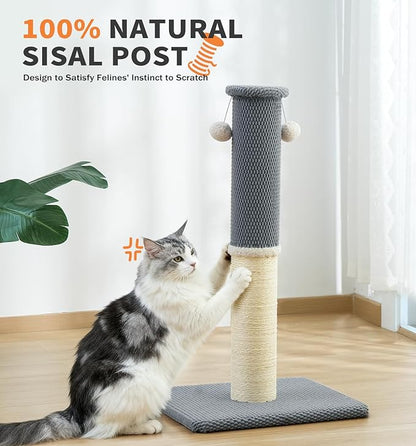 Made4Pets Tall Cat Scratching Post, Heavy Duty and Thicker Scratching Posts for Indoor Cats Adults, 33" Natural Sisal Cat Scratcher with Hanging Balls, Sturdy Base Cat Scratch Post, Light Grey