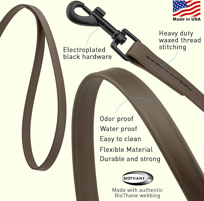 Dogline Biothane Waterproof Dog Leash Strong Coated Nylon Webbing with Black Hardware Odor-Proof Easy to Clean High Performance for Small or Large Dogs Made in USA 2 ft Lead, Dark Chocolate Brown