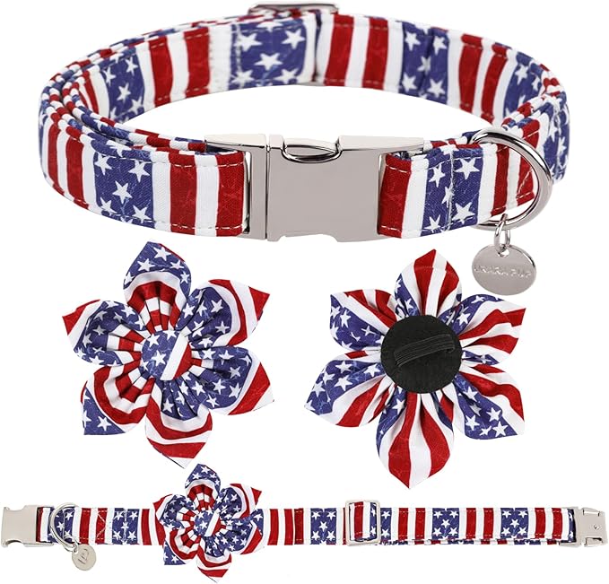 UP URARA PUP Dog Collar with Flower, 4th of July Comfortable Cotton Dog Collar, American Flag Collar for Medium Girl Dog, Patriotic Flower Collar with Metal Buckle, M