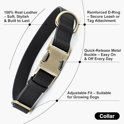 Plutus Pet Genuine Leather Dog Collar – Adjustable Pet Collar with Quick Release Metal Buckle, Soft Real Leather for Small Medium Large Dogs, Heavy Duty & Skin-Friendly (Black, L)