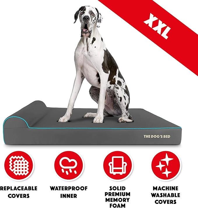 The Dog’s Bed Orthopedic Headrest Dog Bed XXL Grey/Blue, Memory Foam, Pain Relief for Arthritis, Hip & Elbow Dysplasia, Post Surgery, Lameness, Waterproof Washable Cover, Veterinary Approved
