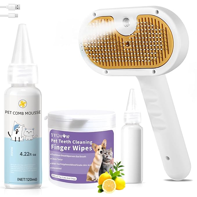 Pet Steam Brush for Dog & Cat – shower bath brush – Steam for Shedding & Grooming Water Brush for Long & Short Haired Pets Spritz Defur Comb 3-in-1 Spray Hair Removal Comb Includes