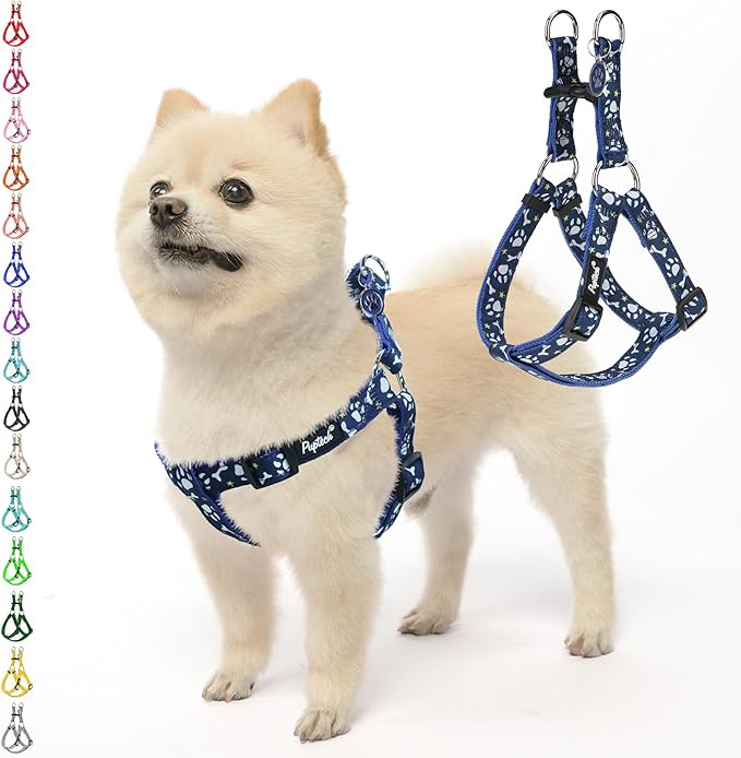 PUPTECK No Pull Dog Harness Soft Adjustable Basic Nylon Step in Puppy Vest Outdoor Walking with ID Tag, Blue Paw, S