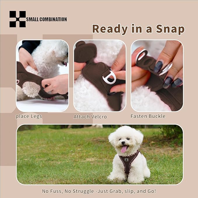 Adjustable Dog Harness with Leash, Reflective Mesh, No-Pull Design，Matching Lead Rope (Brown, L)