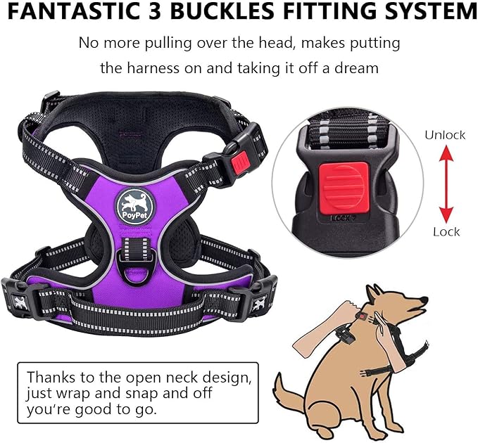 PoyPet Dog Harness and Leash Combo, Escape Proof No Pull Vest Harness, with 5 Feet Leash, Reflective Adjustable Soft Padded Pet Harness with Handle for Small to Large Dogs(Purple,L)