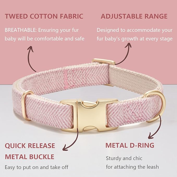 Ewinoom Soft Hemp Dog Collar and Leash Set Adjustable Woven Tweed Dog Collars with Metal Buckle and Lead for Small Medium Large Dogs,Pink