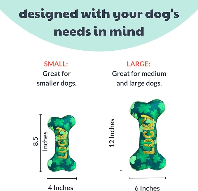Huxley & Kent Funny Dog Toy w/Squeaker – Power Plush Squeaky Dog Toys for Small, Medium & Large Dogs – Soft Stuffed Animal for Indoor Play & Fetch - Lucky Charm Bone, Small