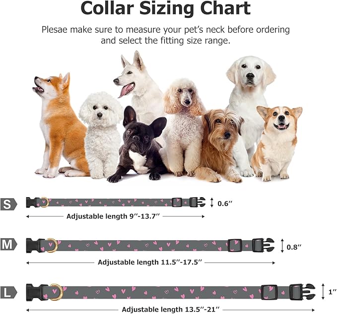 Cotton Handmade Dog Collar Cute and Distinctive Patterns Grey Heart with Pendant for Girl Boy Dogs Collars M