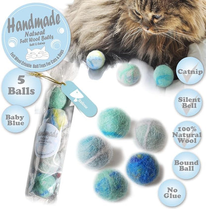 BALLMIE Felt Wool Cat Toys Ball with Catnip and Bell, Natural Handmade (Baby Blue (5 Units))