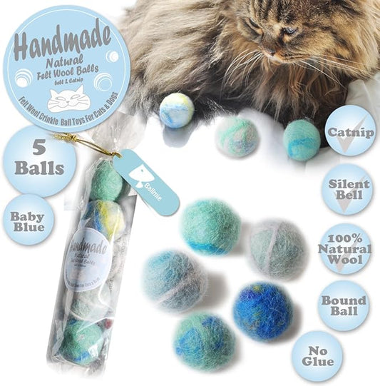 BALLMIE Felt Wool Cat Toys Ball with Catnip and Bell, Natural Handmade (Baby Blue (5 Units))
