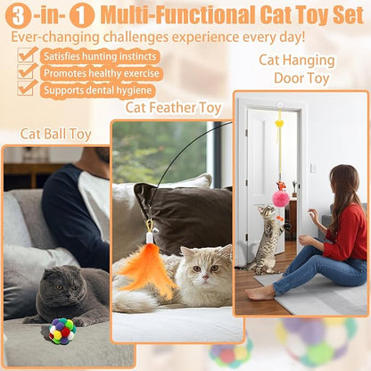 OODOSI 4-in-1 Interactive Cat Toys Set with Suction Cup Wand, Hanging Cat Toys, Fishing Pole Cat Wand & Kitten Balls- Includes Variety Replaceable Worms, Feathers for Indoor Bored Cats for Exercise