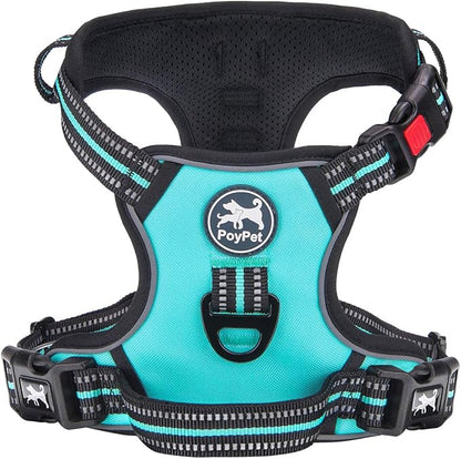 PoyPet No Pull Dog Harness, [Release on Neck] Reflective Adjustable No Choke Pet Vest with Front & Back 2 Leash Attachments(Mint Blue,XS)