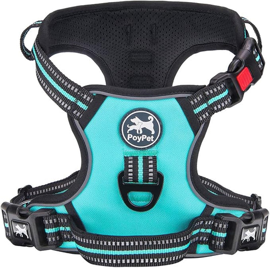 PoyPet No Pull Dog Harness, [Release on Neck] Reflective Adjustable No Choke Pet Vest with Front & Back 2 Leash Attachments(Mint Blue,XS)