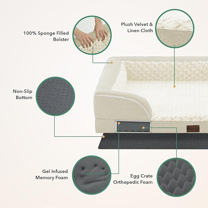 Casa Paw Orthopedic XXL Dog Beds, Waterproof Memory Foam Big Pet Bed for Extra Large Sized Dogs 53x42Inch, Non-Slip Bottom and Egg-Crate Foam Dog Couch Bed with Washable Removable Cover, Beige