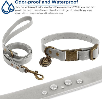 Wisedog Dog Collar and Leash Set, Waterproof Adjustable Puppy Collars with Cute Tag 5FT Dog Leash with Poop Bag for Small Medium Large Dogs (M, Grey)