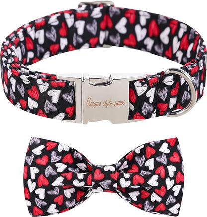 Unique style paws Valentine's Day Dog Collar with Bow Tie Black & Red Heart Puppy Collar Best Gothic Style Gift for Small Medium Large Boys Girls-S