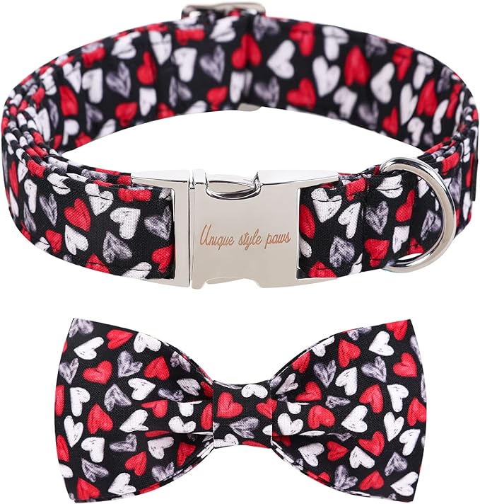Unique style paws Valentine's Day Dog Collar with Bow Tie Black & Red Heart Puppy Collar Best Gothic Style Gift for Small Medium Large Boys Girls-L