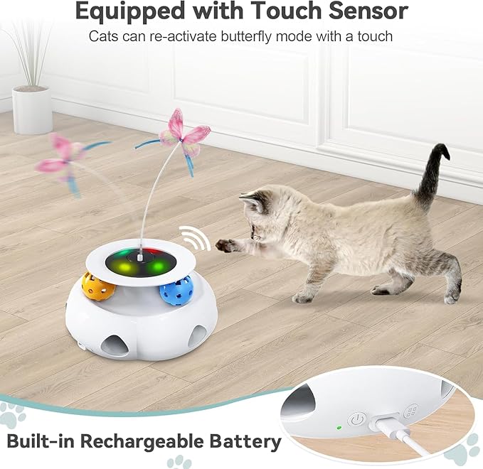 Xuyub Cat Toys 3in1 Interactive Moving Ambush Feather, Spinning Butterfly, Track Balls, USB Rechargeable Automatic Activated Kitten Toys for Indoor Cats, Cat Feather Toy for All Breeds