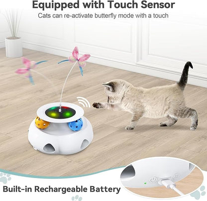 Xuyub Cat Toys 3in1 Interactive Moving Ambush Feather, Spinning Butterfly, Track Balls, USB Rechargeable Automatic Activated Kitten Toys for Indoor Cats, Cat Feather Toy for All Breeds
