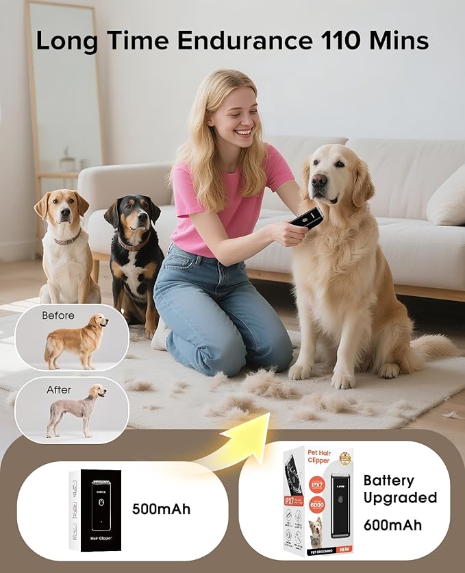 Tawiijou Pet Clippers for Dog Hair Grooming Low Noise, Rechargeable Cordless Cat Shaver with Ceramic Blade,Portable Pet Hair Trimmer for Matted & Long Hair