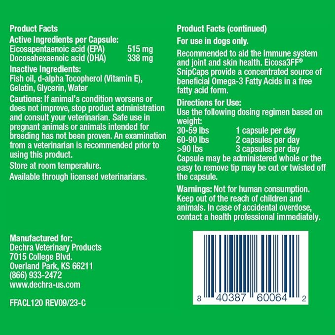 Eicosa3FF SnipCaps Omega 3 Free Fatty Acid Capsules for Dogs - Large, 120 ct