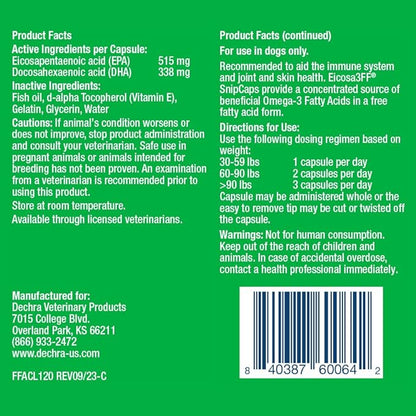 Eicosa3FF SnipCaps Omega 3 Free Fatty Acid Capsules for Dogs - Large, 120 ct
