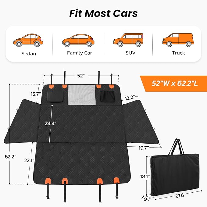 Roilpet Dog Car Seat Cover for Back Seat: Hard Bottom Back Seat Extender for Dogs - Durable Dog Hammock for Car Truck SUV - Waterproof Car Seat Protector for Dogs, Prevent Pet Falls, Easy to Install
