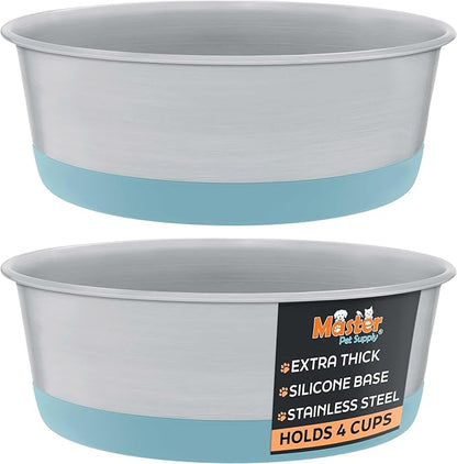 Master Pet Supply Stainless Steel Dog Bowls Set of 2 with Extra Thick Silicone Base - 4 Cup (32 oz) Aqua Sky, Non-Slip, Dishwasher Safe Metal Bowls, Pet Dog Food Bowl for Dogs, Cats, Anti Rust